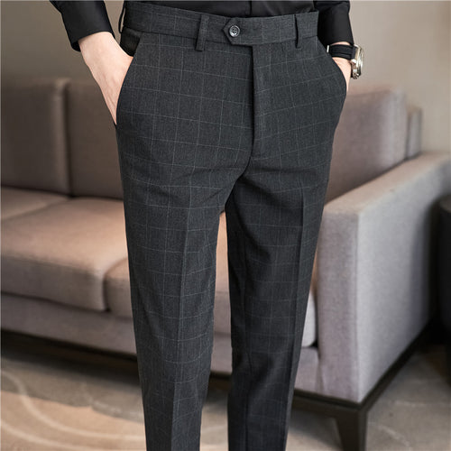 Calças Xadrez Slim-Fit Estilo Coreano