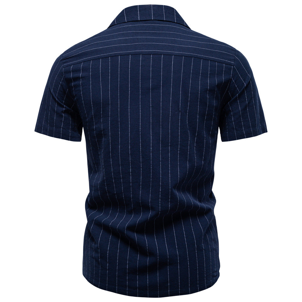 Camisa às Riscas com Gola Cubana