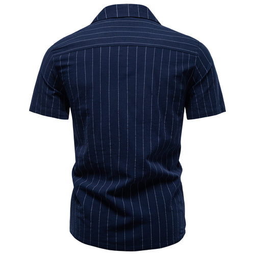 Camisa às Riscas com Gola Cubana