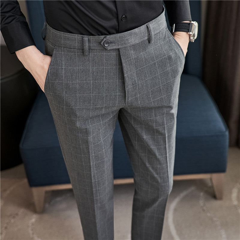 Calças Xadrez Slim-Fit Estilo Coreano
